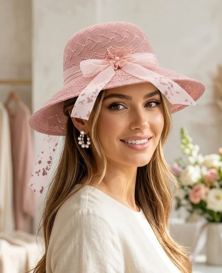 قبعة صيفية محبوكة باللون الوردي مزينة بفيونكة أورجانزا وزهور بارزة لإطلالة مفعمة بالأنوثة
