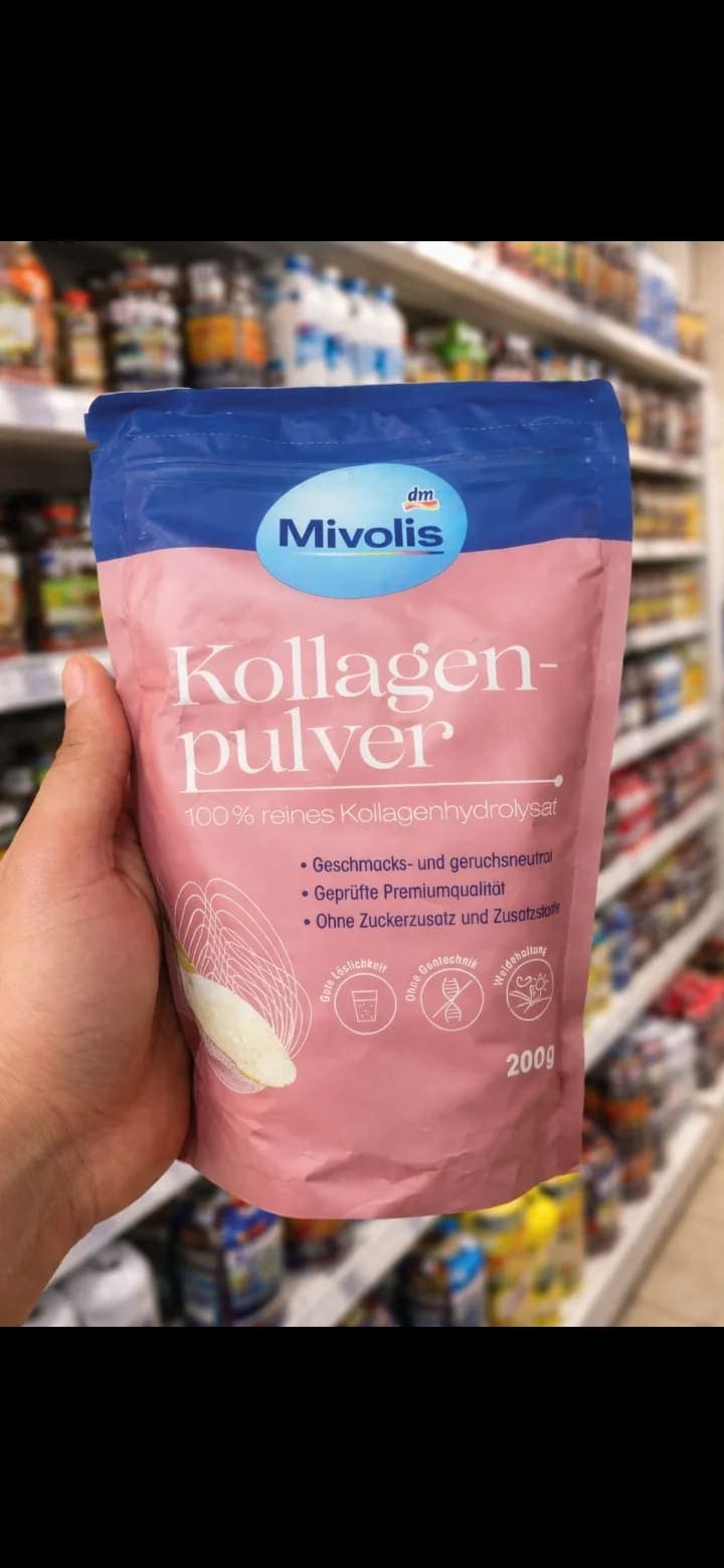 Mivolis Collagen Pulver 200g (dm) أصلي كولاجين بودرة (Hydrolysé) لدعم نضارة البشرة وتقوية الشعر والأظافر. يذوب بسهولة وبدون طعم تقريبًا. المنتج مغلق. توصيل لكل الولايات مع الدفع عند الاستلام. للطلب: ارسل الولاية والبلدية.
